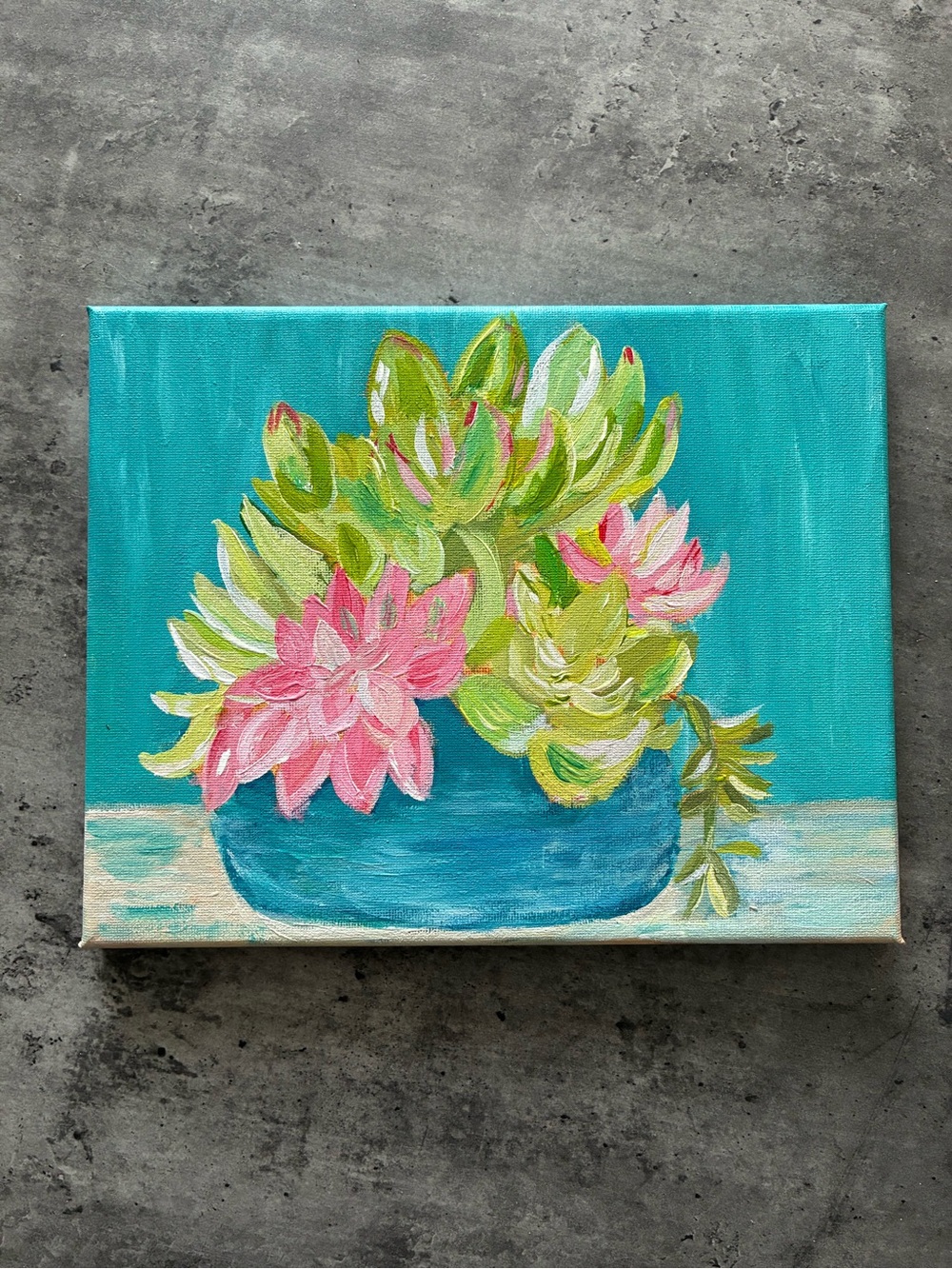 Hand-Painted Original Succulent Canvas Art - Teal, Pink & Green